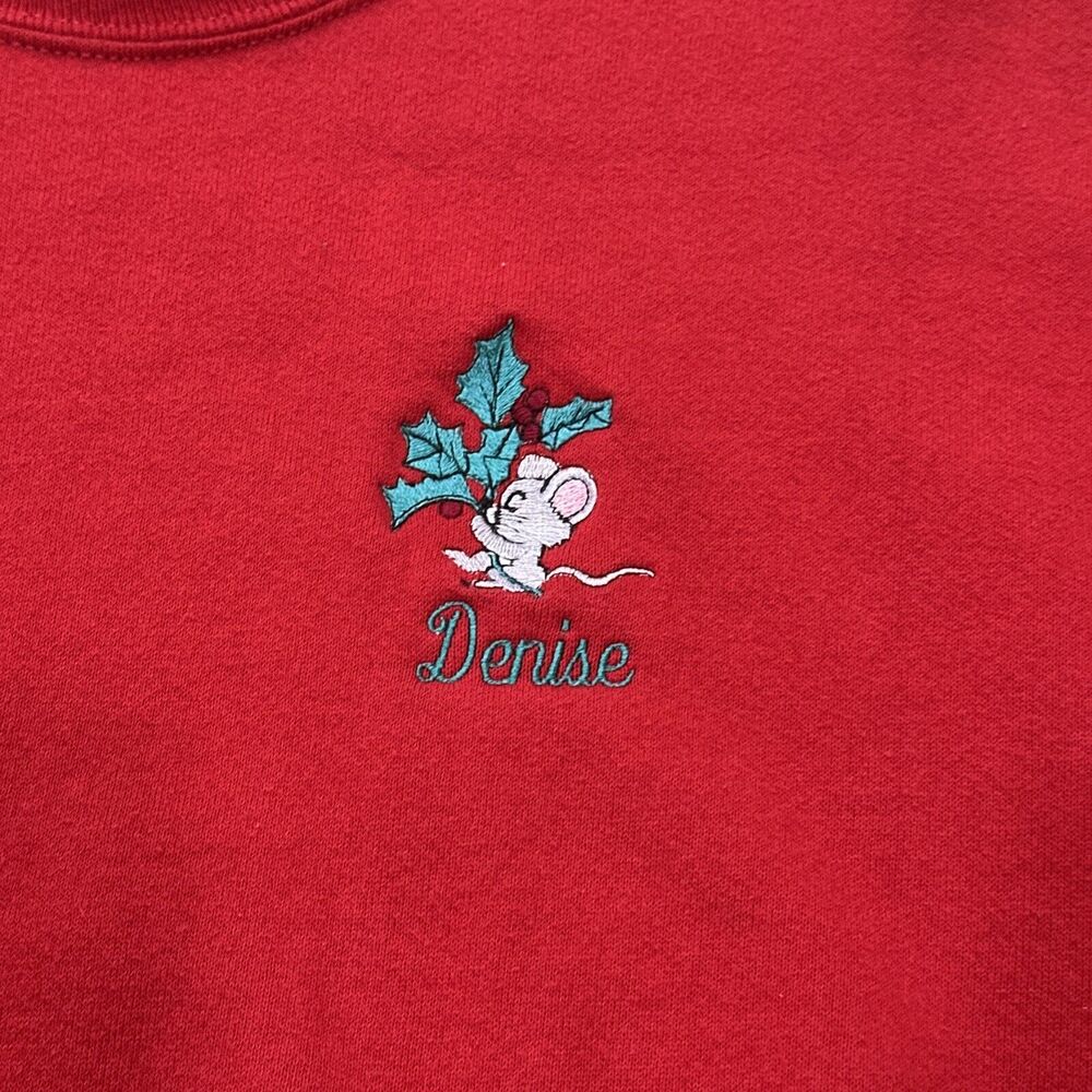 Jerzees Mouse Mistletoe Crewneck Sweater L Red VTG 80s 90s Christmas Denise - Picture 3 of 6